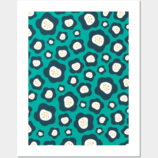 Funky Floral Pattern II in Teal, Charcoal and Yellow Posters and Art